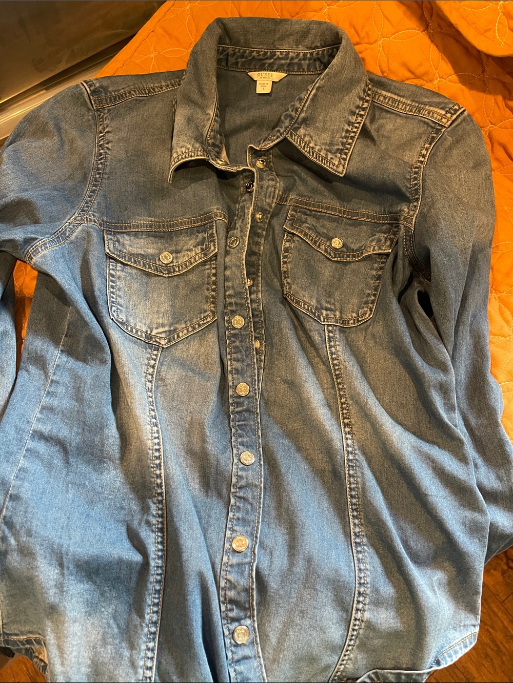 Classic blue denim snap front shirt